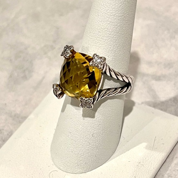 David Yurman Lemon Citrine Ring 925 Silver 15mm Cushion on Point Diamonds Sz 7.5 - Picture 2 of 9